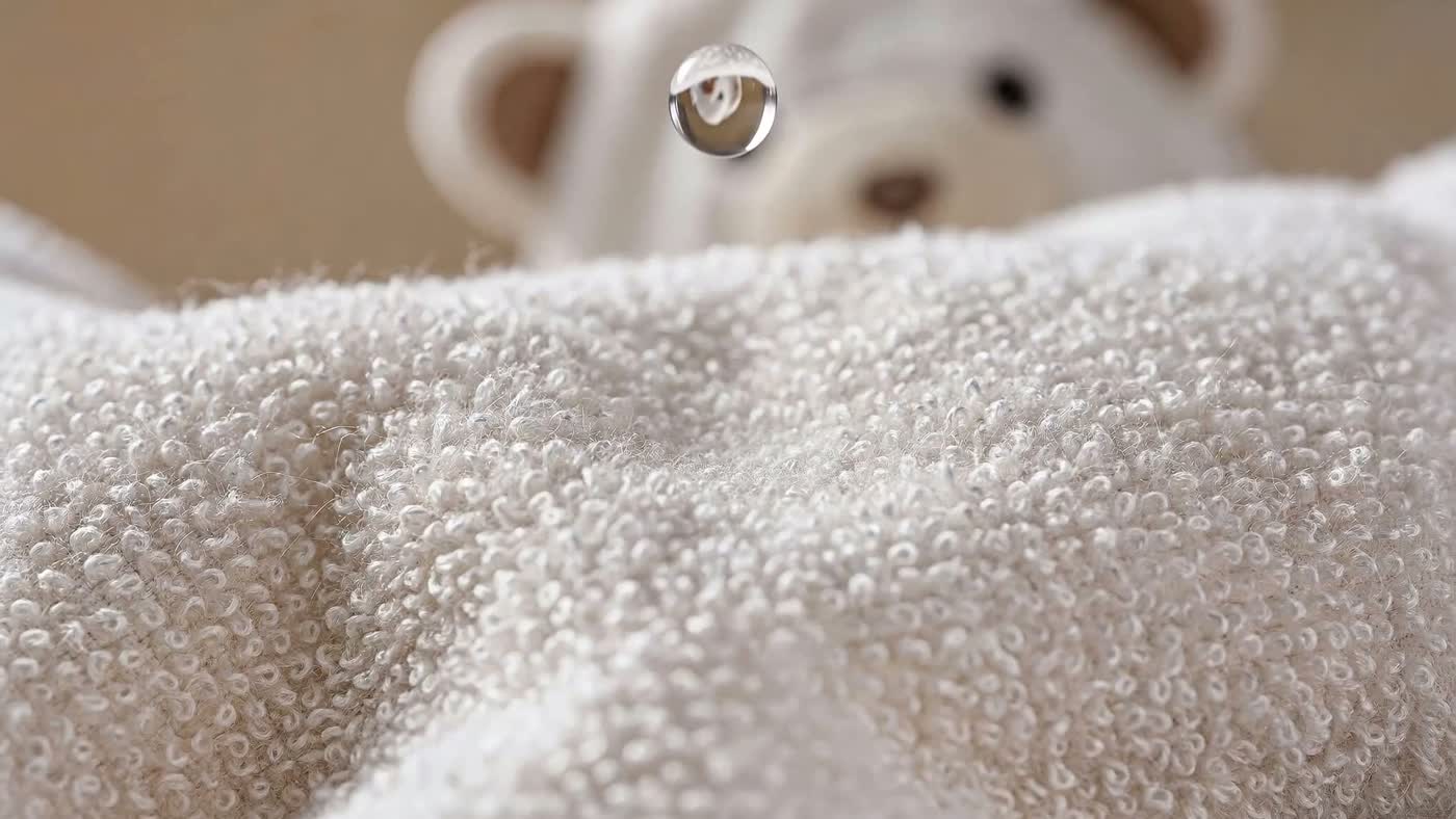 A water droplet being absorbed into soft white bamboo terry fabric, shown in extreme close-up.