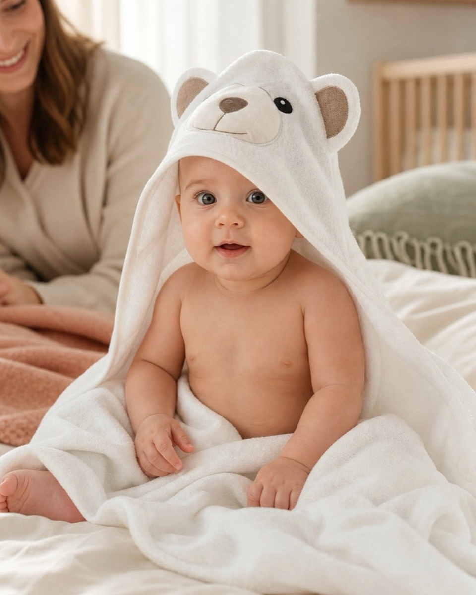A baby wrapped in a white bear hooded towel, resting on a bed beside a parent in a softly lit bedroom