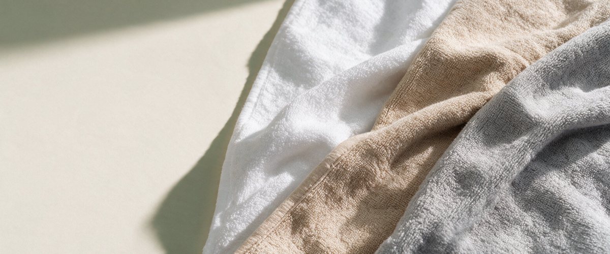 Close-up of soft white, sand and grey bamboo terry towels folded together in window light