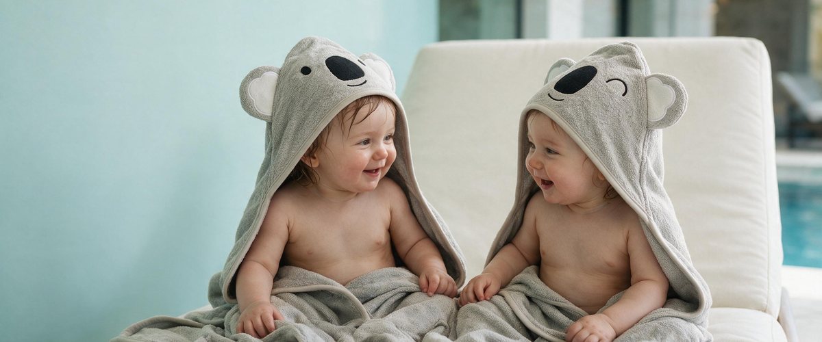 Two babies laughing in koala hooded towels on a lounger by the pool