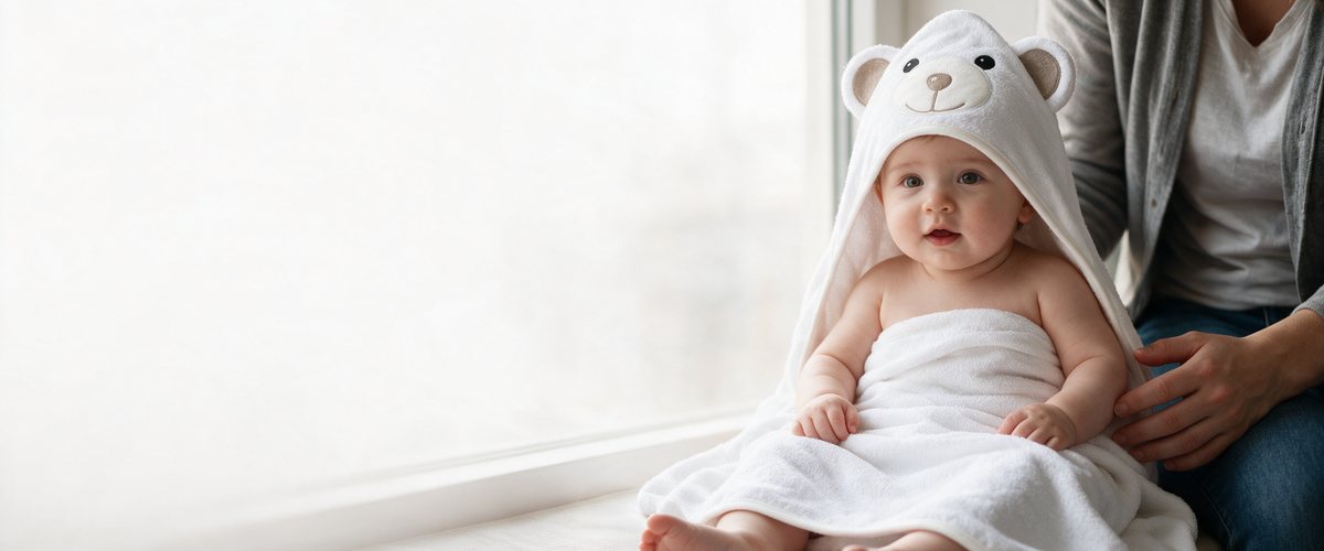 A little one sitting on a window seat, wrapped head to toe in The Bear hooded towel