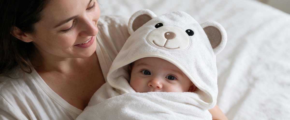 A mother cuddling her baby wrapped in The Bear hooded towel after the bath