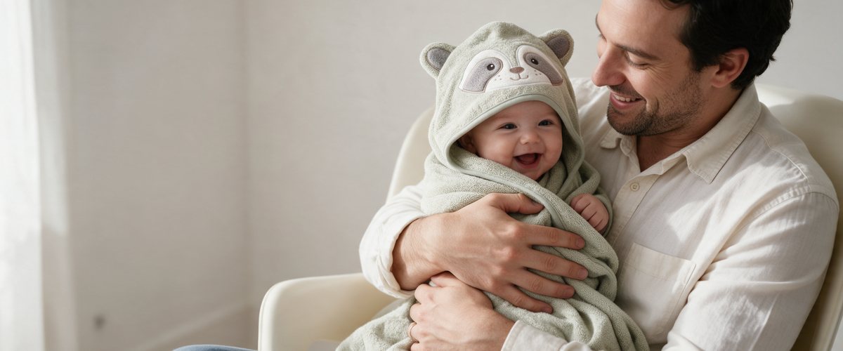 A father holding his laughing toddler wrapped in The Raccoon hooded towel