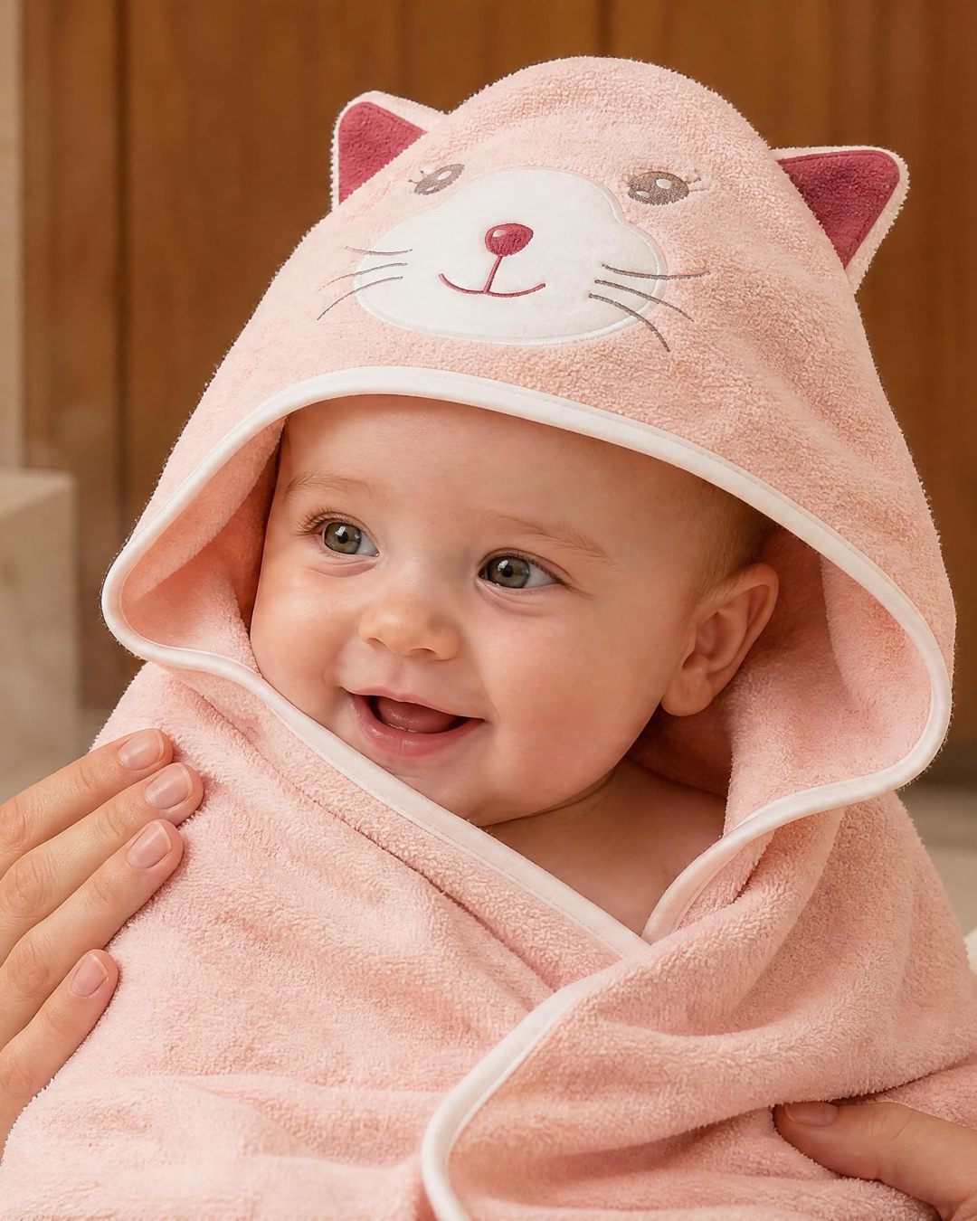 A smiling baby wrapped in a soft pink cat hooded towel.
