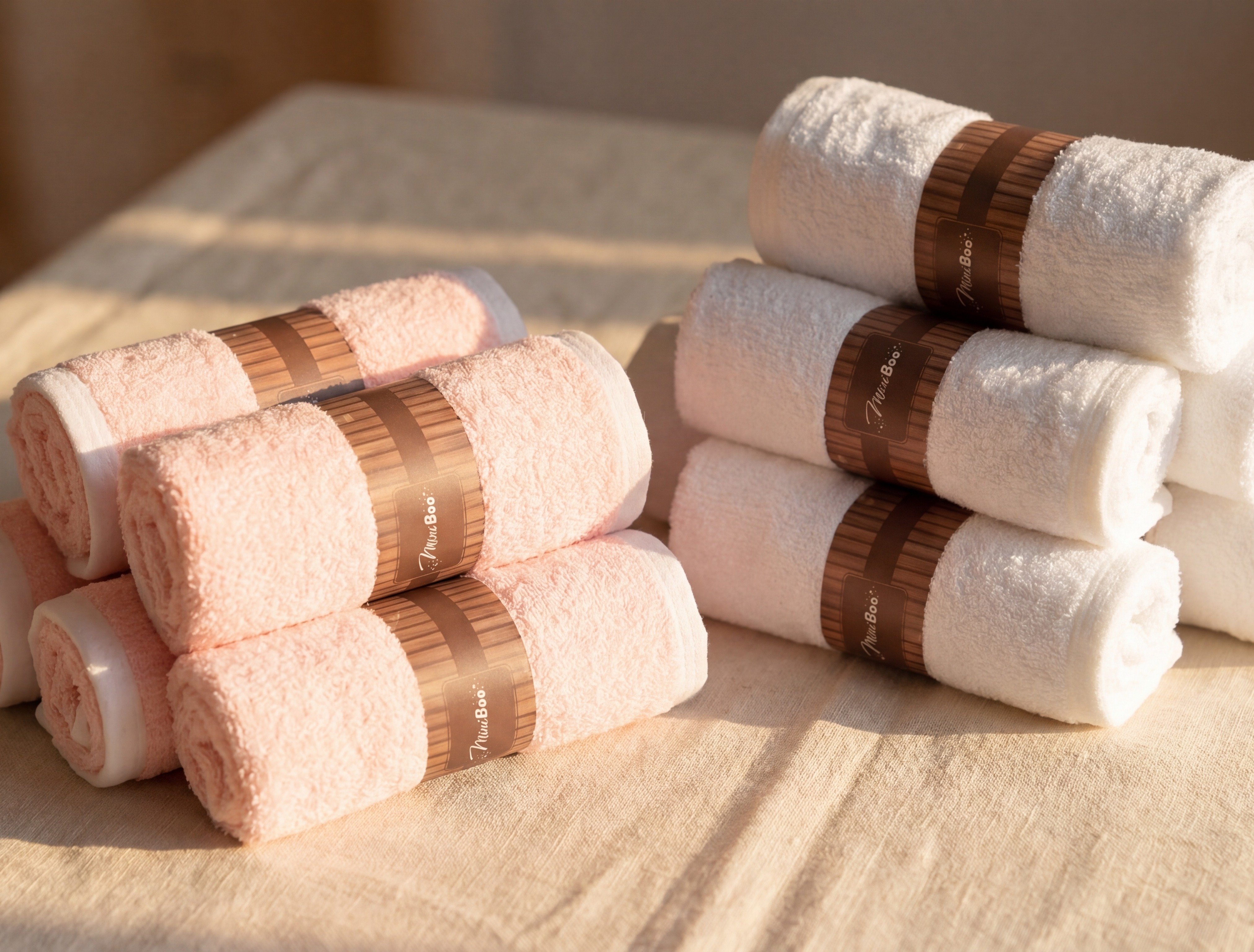 Rolled MiniBoo baby towels in soft pink and white, banded and stacked in warm daylight, ready to give.
