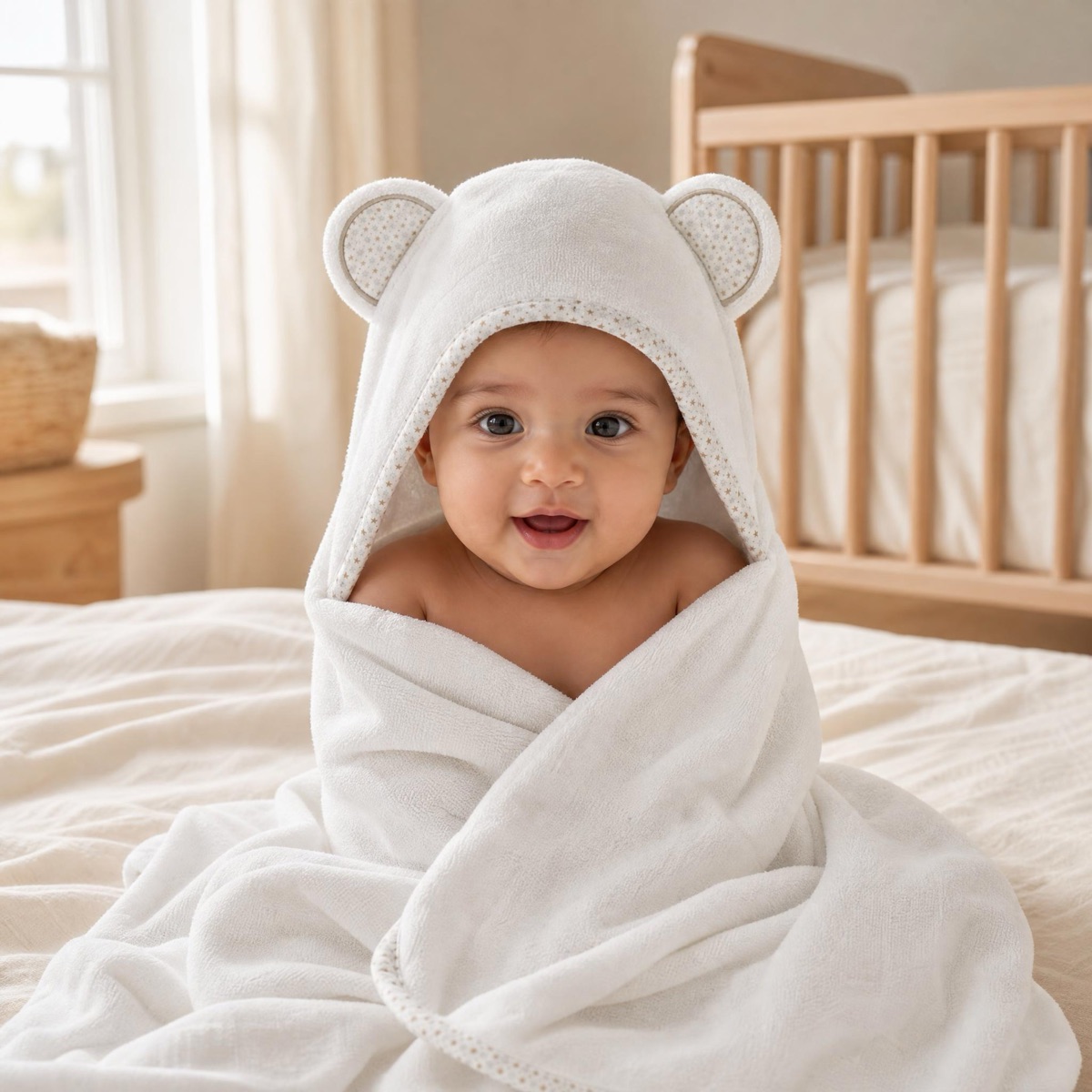 A smiling baby wrapped snugly in a white MiniBoo hooded bear towel on a bed